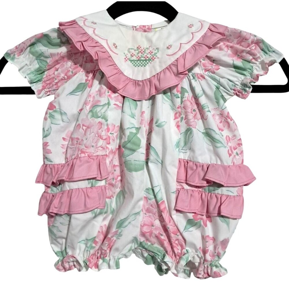 Vintage Baby Togs Embroidered‎ Floral Romper 3-6 Months Pink & White Ruffle